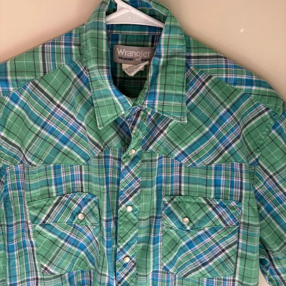 Wrangler Men's Wrancher Shirt Blue Green Plaid Pearl Snap Western Cowboy Sz L